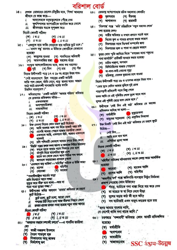 এসএসসি বাংলা ১ম পত্র বহুনির্বাচনি উত্তর বরিশাল বোর্ড