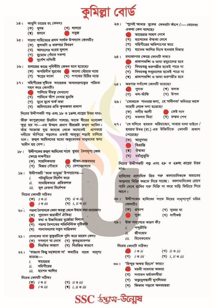 বাংলা ১ম পত্র MCQ সমাধান কুমিল্লা বোর্ড SSC 2025