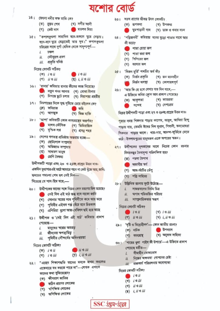 এসএসসি বাংলা ১ম পত্র বহু নির্বাচনি উওর যশোর
