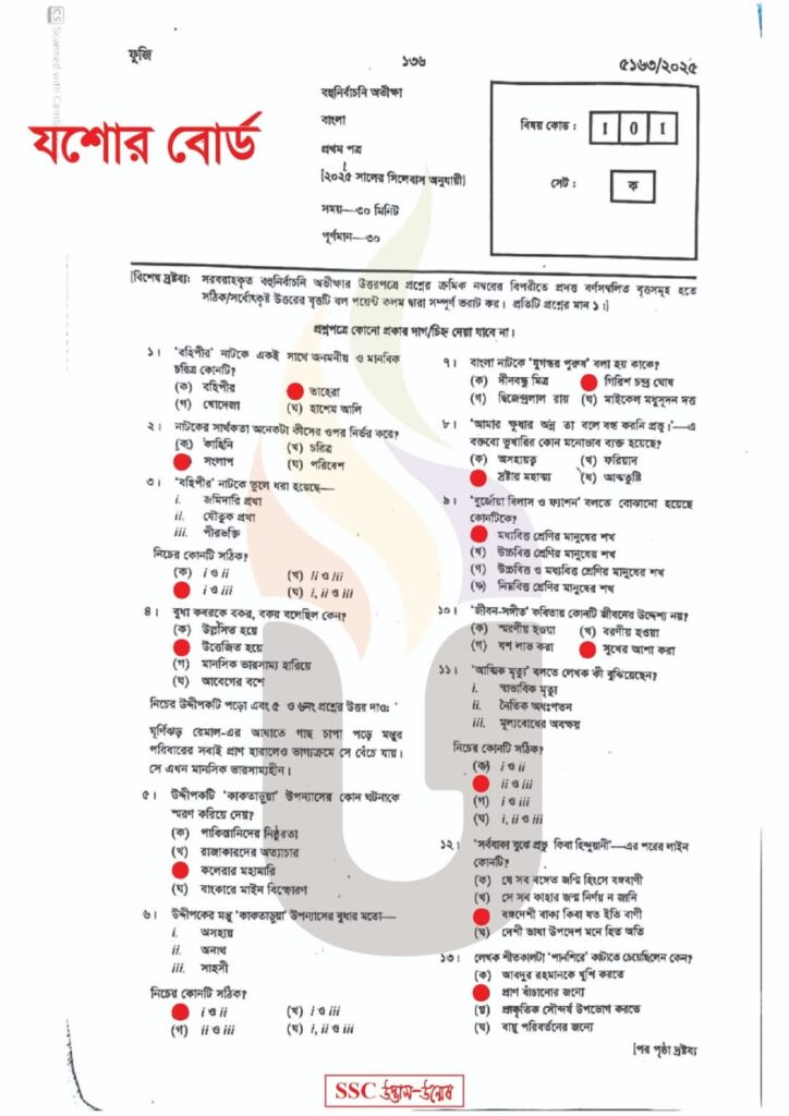 এসএসসি বাংলা ১ম পত্র বহু নির্বাচনি উওর যশোর