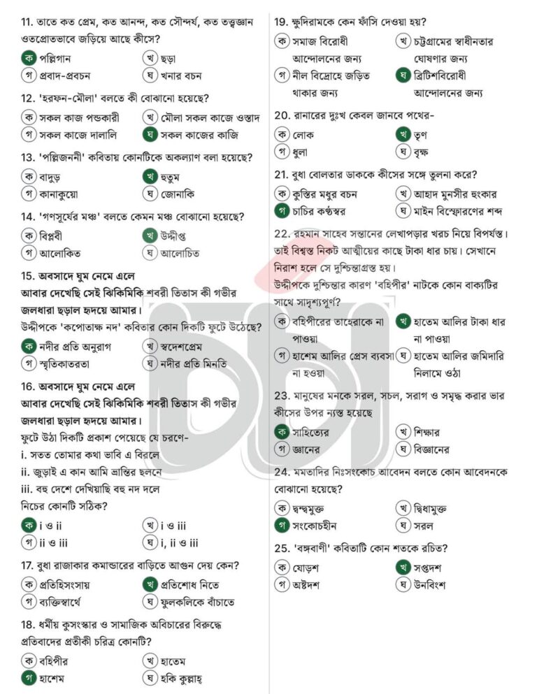 Ssc bangla 1st paper mcq answer 2025 Dhaka bord