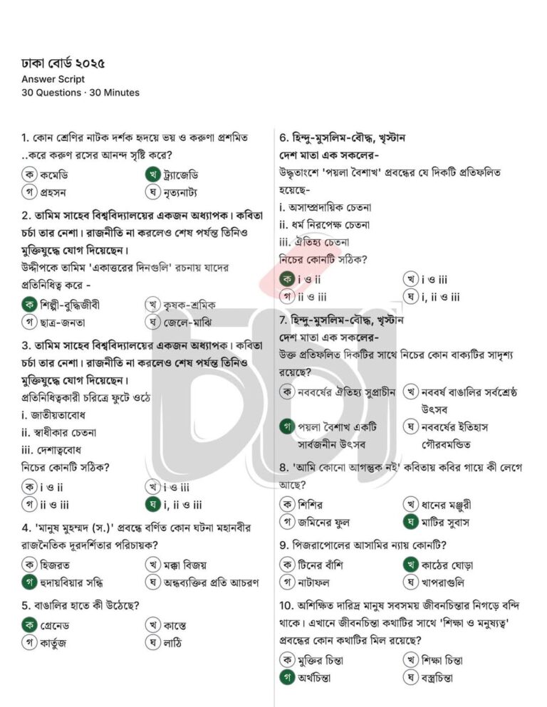 Ssc bangla 1st paper mcq answer 2025 Dhaka bord