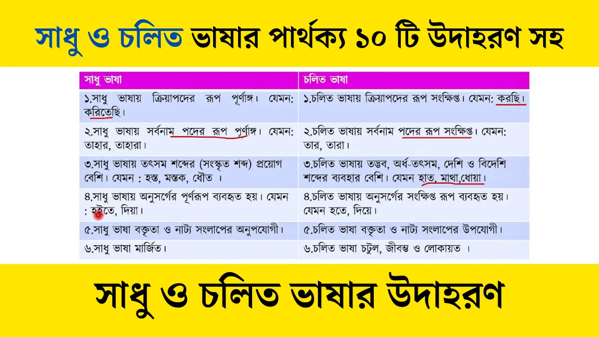 সাধু ও চলিত ভাষার পার্থক্য ১০ টি উদাহরণ সহ।
