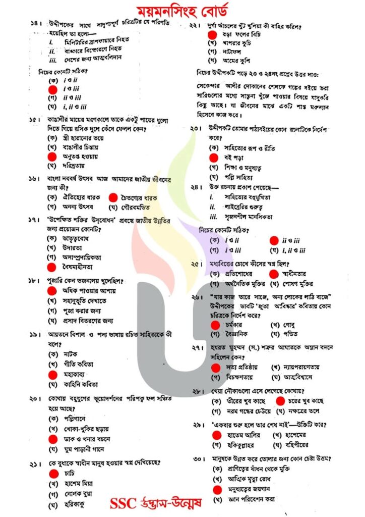 ময়মনসিংহ বোর্ড এসএসসি বাংলা ১ম পত্র বহুনির্বাচনি উত্তর