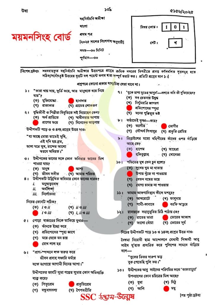 ময়মনসিংহ বোর্ড এসএসসি বাংলা ১ম পত্র বহুনির্বাচনি উত্তর