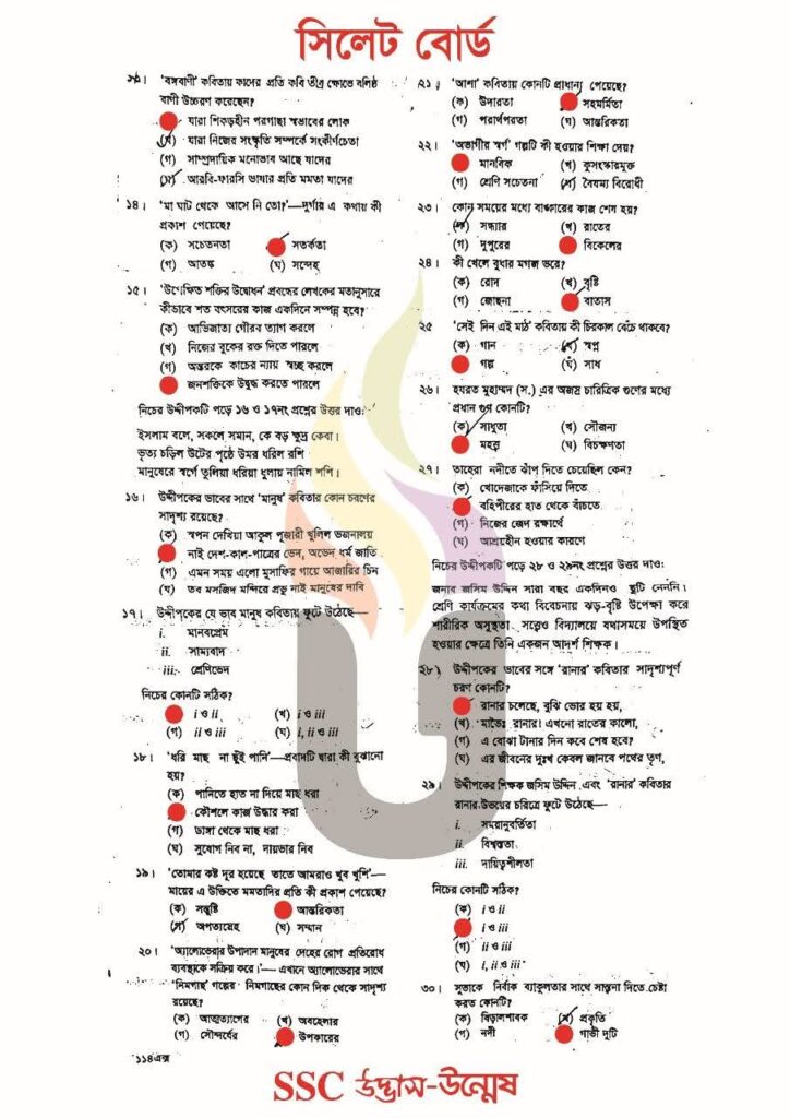 এসএসসি বাংলা ১ম পত্র বহুনির্বাচনি ২০২৫ সিলেট বোর্ড