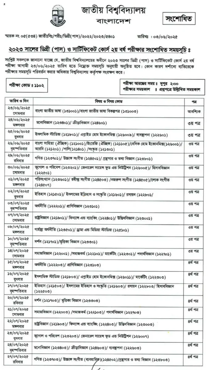 ডিগ্রি ২য় বর্ষের পরীক্ষার রুটিন ২০২৫ সংশোধিত - NU Degree Routine 2025